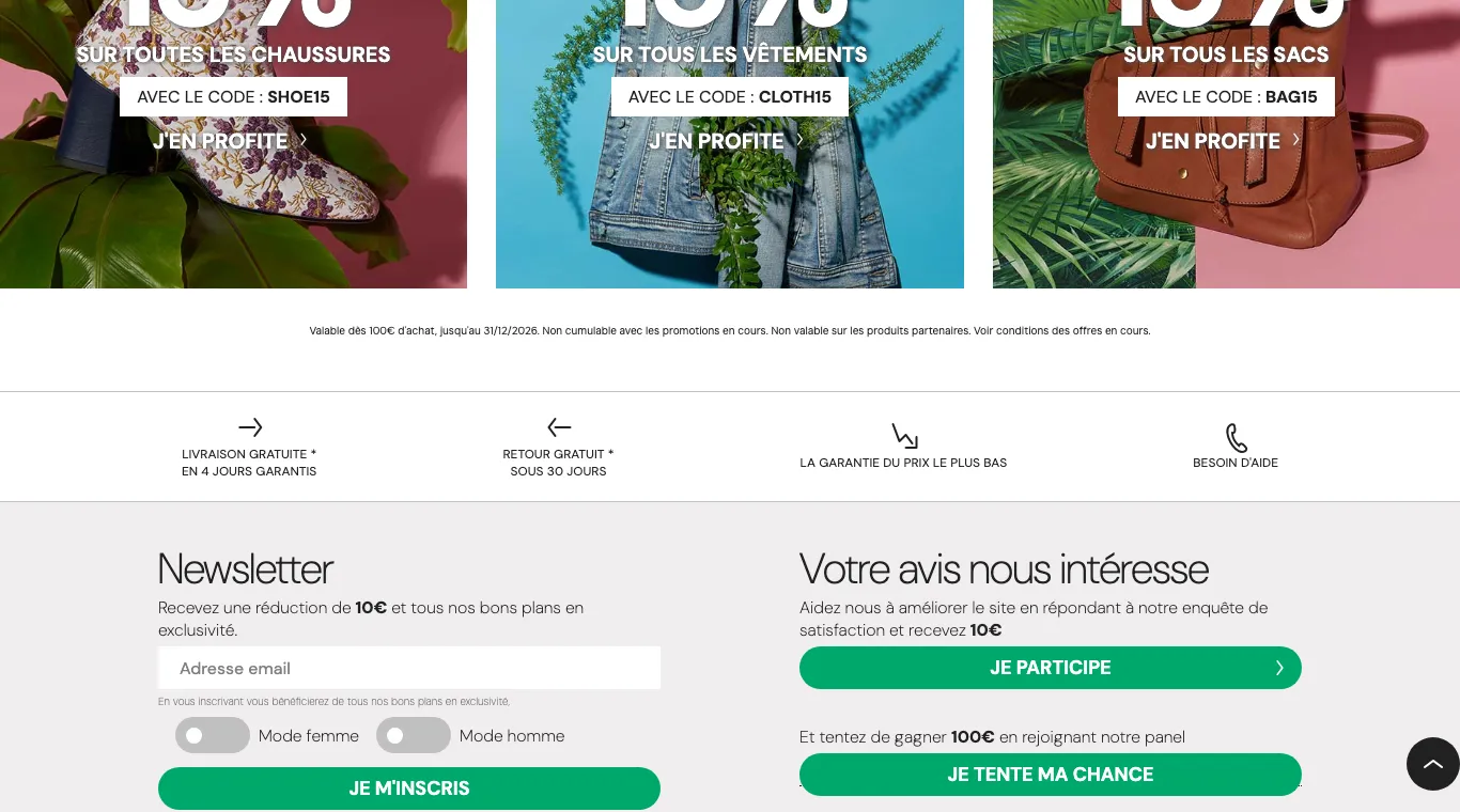 Page des codes Spartoo avec les codes SHOE15, CLOTH15 et BAG15 pour 15 % sur chaussures, vêtements et sacs