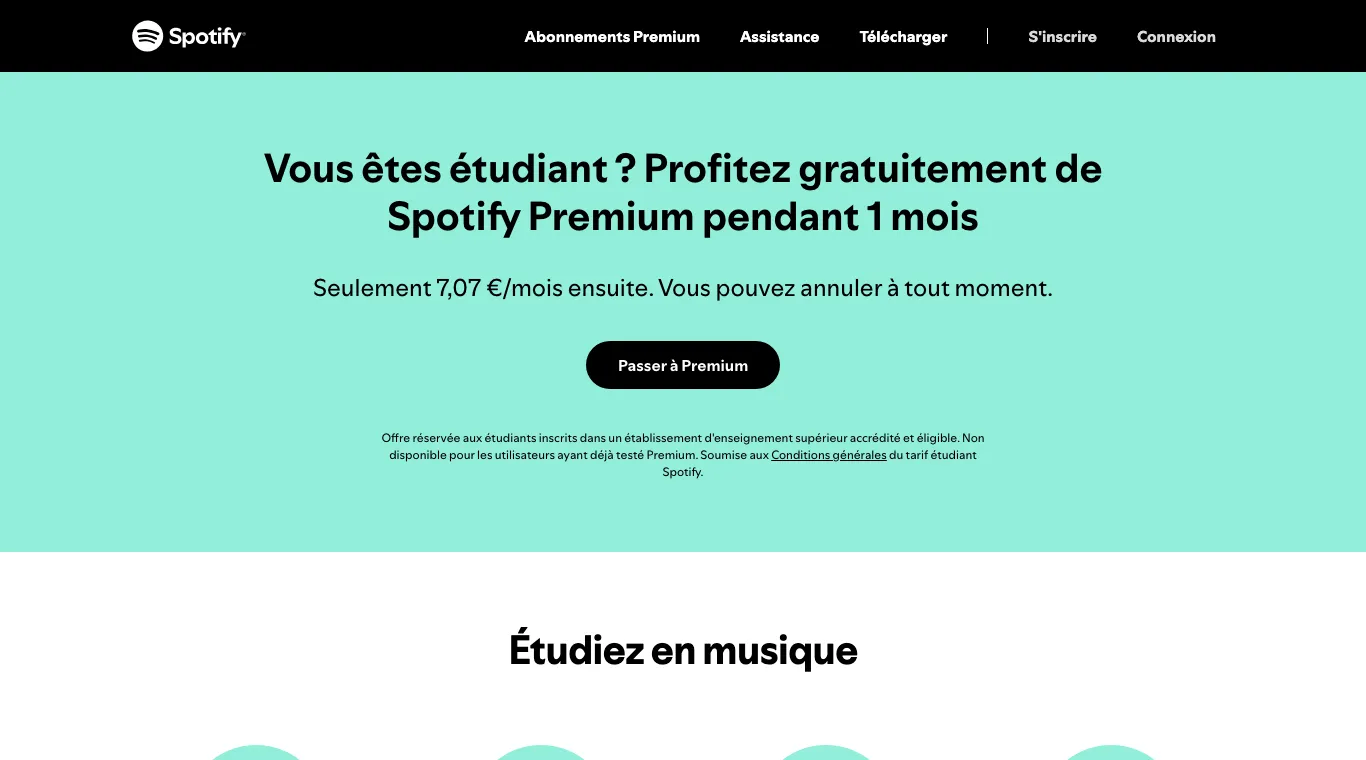 Page Premium Étudiants de Spotify : un mois offert puis 7,07 € par mois, offre réservée aux étudiants du supérieur