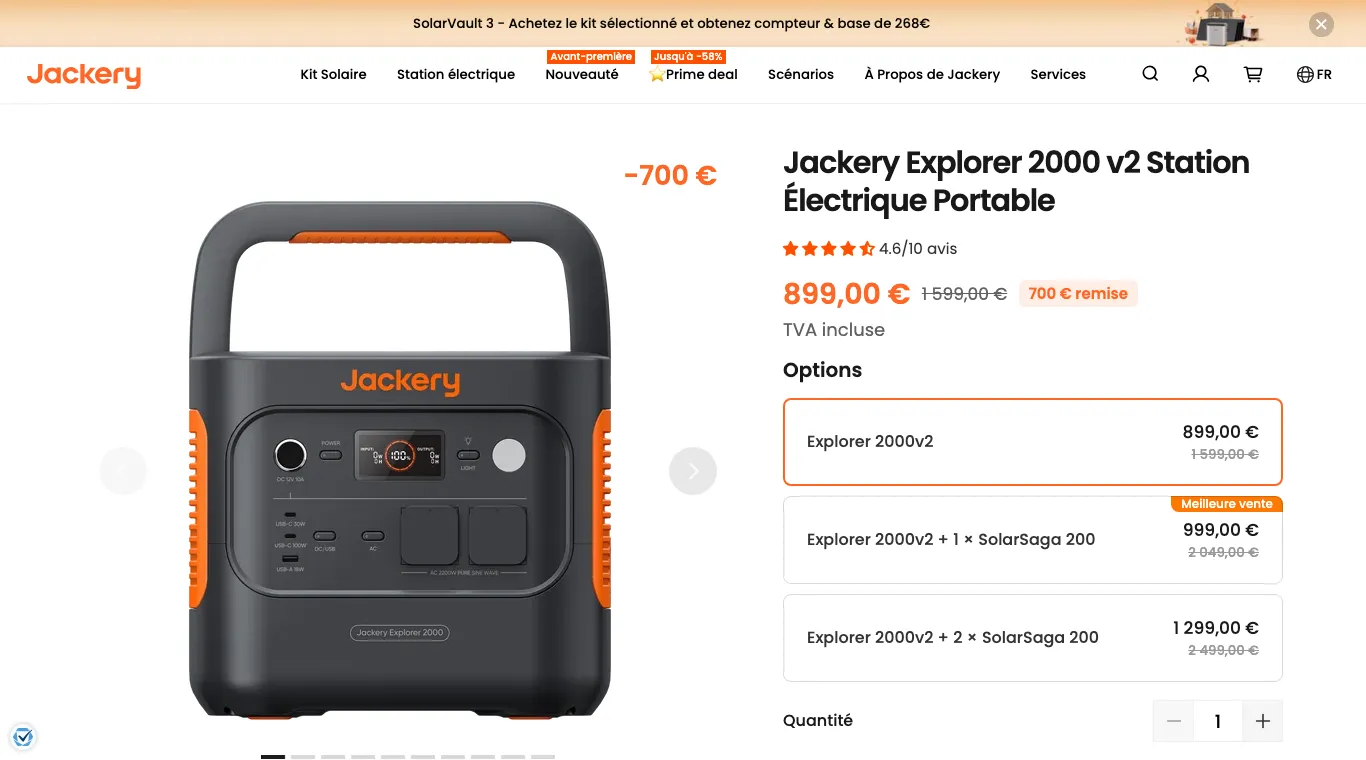 Page de la Jackery Explorer 2000 v2 sur fr.jackery.com : 899,00 € au lieu de 1 599,00 €, pastille « 700 € remise », pastille « −700 € » sur la photo