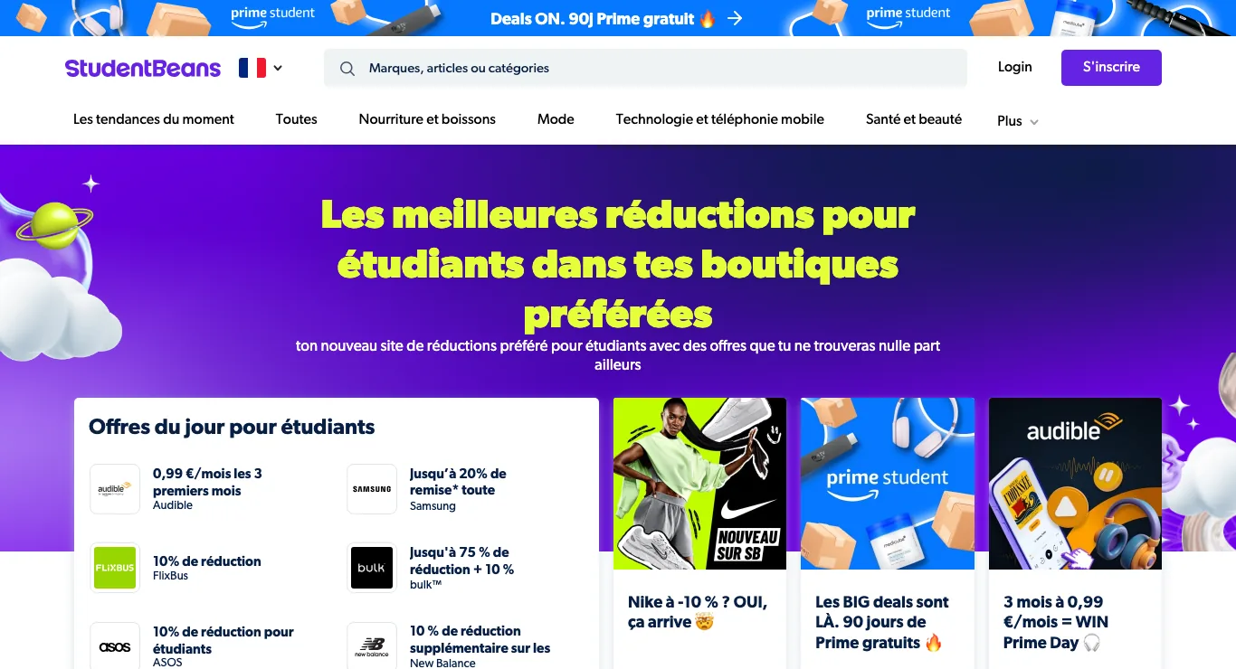 Page d'accueil de Student Beans en France : barre de recherche, rayons (mode, tech, nourriture) et offres du jour pour étudiants