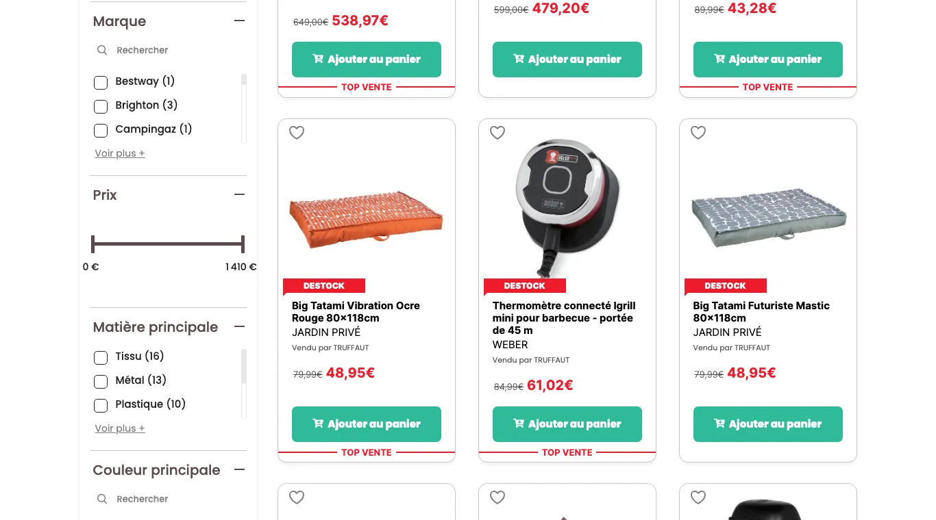 Page déstockage mobilier et barbecues de Truffaut avec prix barrés et étiquettes Destock