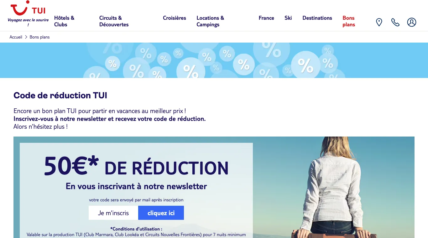 Page TUI Code de réduction : 50 € de réduction en s'inscrivant à la newsletter