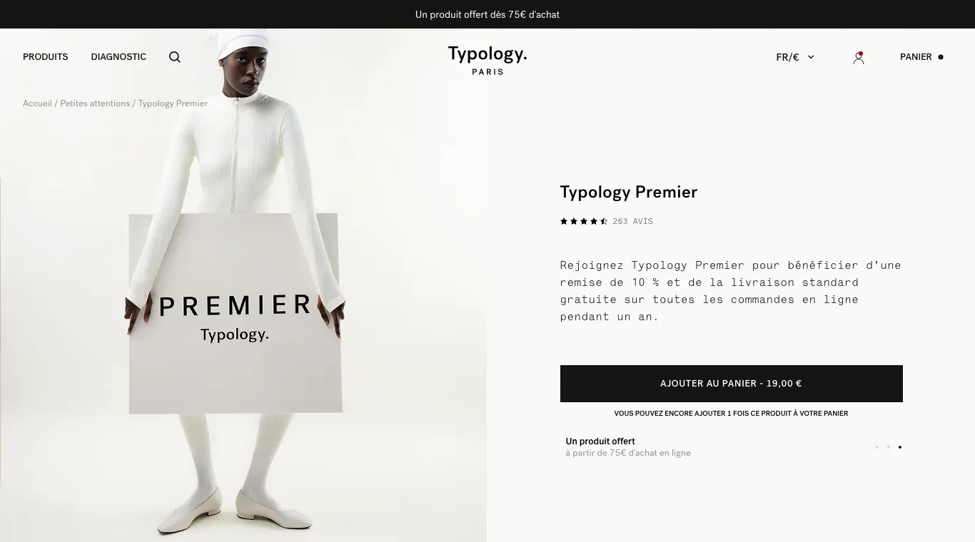Page du pass Typology Premier : remise de 10 % et livraison gratuite pendant un an, bouton à 19 €