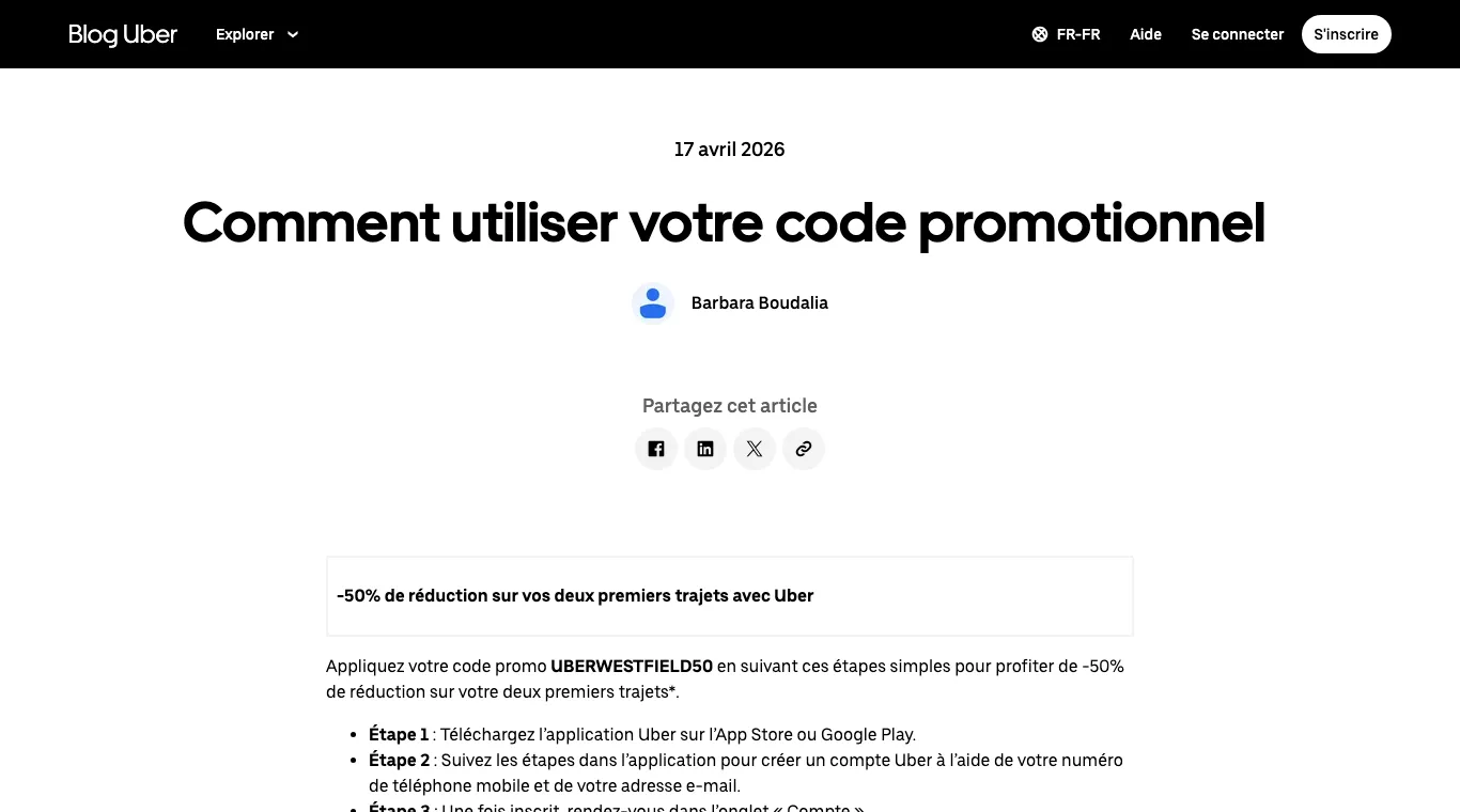 Article du blog Uber annonçant −50 % sur les deux premiers trajets avec le code UBERWESTFIELD50.