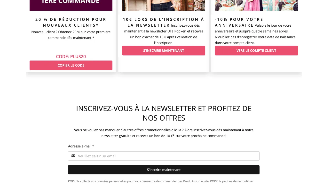Page des codes promo Ulla Popken : 20 % pour nouveaux clients avec le code PLUS20, 10 € pour la newsletter, 10 % à l'anniversaire.