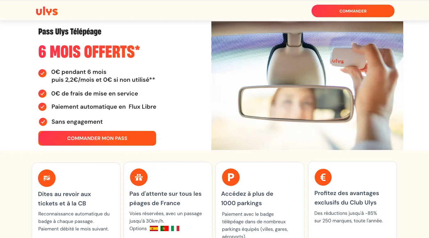 Page Ulys Pass Télépéage annonçant 6 mois offerts puis 2,2 € par mois.