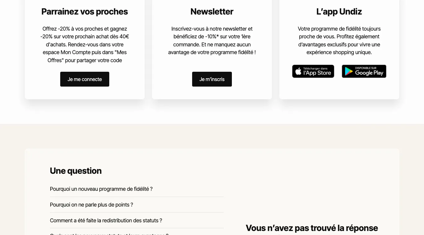 Page Undizfamily avec les blocs Parrainez vos proches et Newsletter, offres -20 % et -10 %.