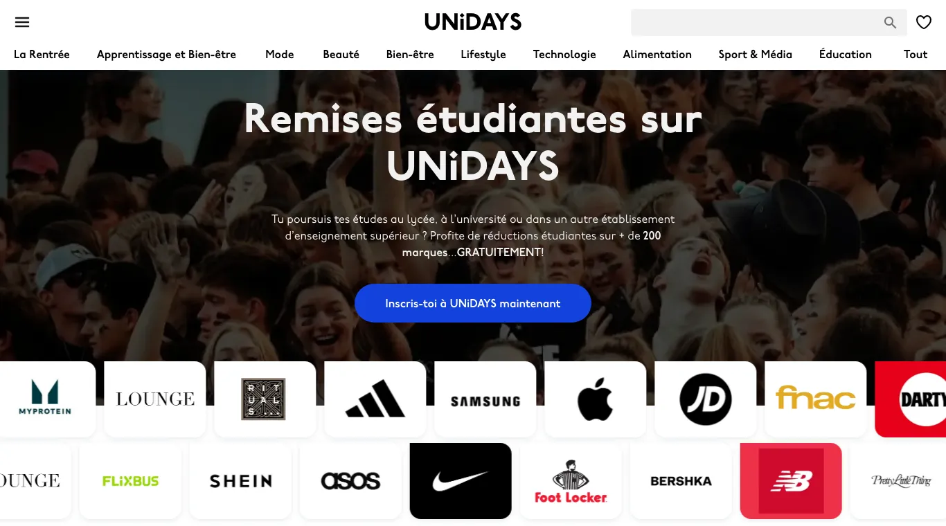 Page d'accueil d'UNiDAYS en France : bouton d'inscription et logos des marques partenaires (Apple, adidas, Samsung, Fnac, Nike)