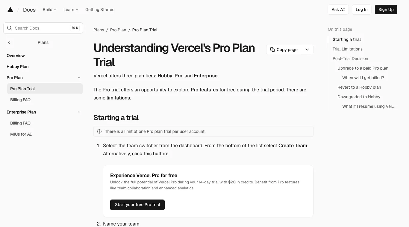 Page d'aide Vercel sur l'essai Pro avec l'encart « Experience Vercel Pro for free », 14 jours et 20 $ de crédits