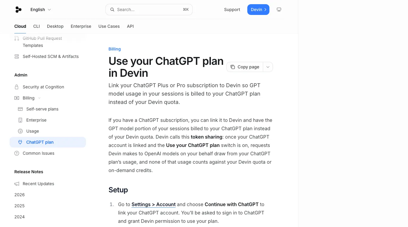 Page d'aide Devin pour utiliser son abonnement ChatGPT dans Devin