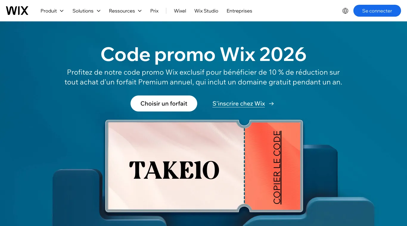 Page officielle des codes promo Wix avec le code TAKE10 pour 10 % de réduction