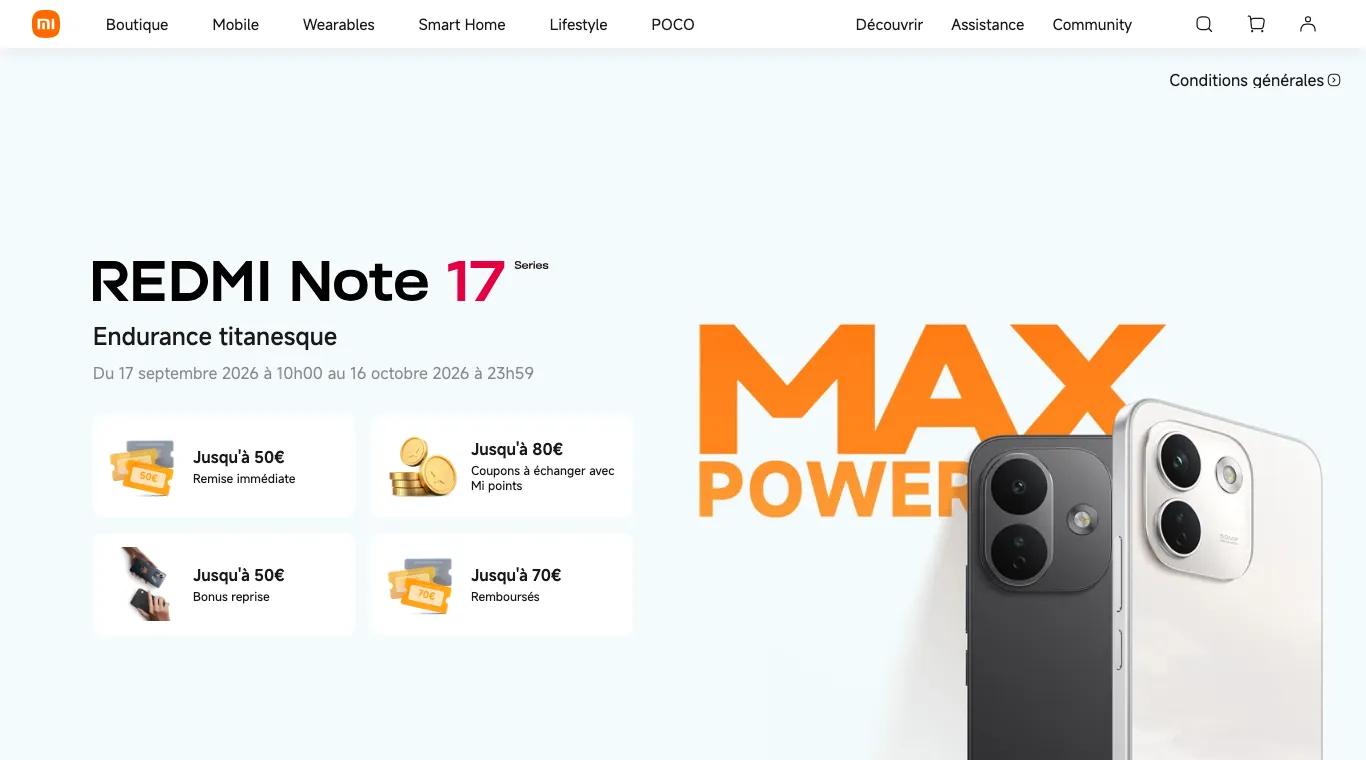 Page de lancement des REDMI Note 17 avec les remises jusqu'à 50 €, 70 € et 80 €