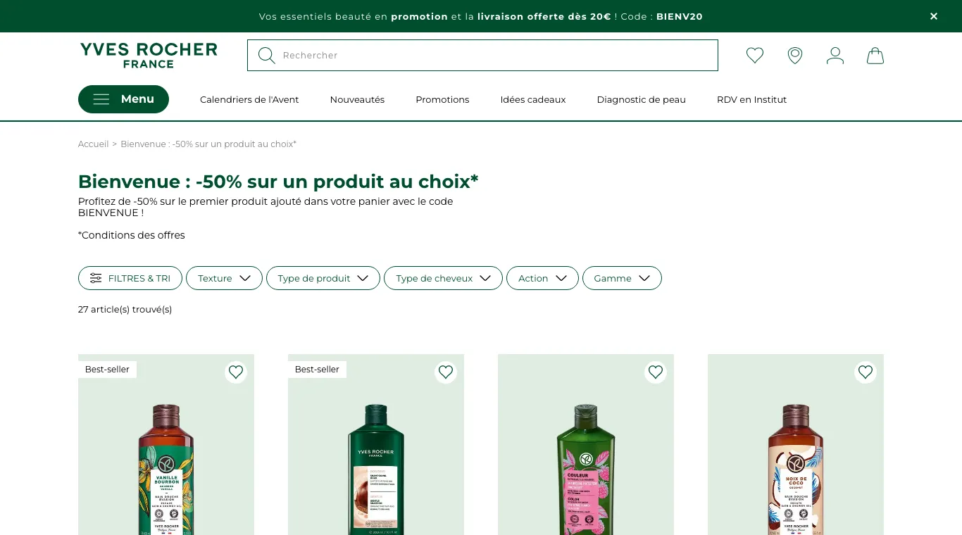 Page Yves Rocher Bienvenue : −50 % sur un produit au choix avec le code BIENVENUE
