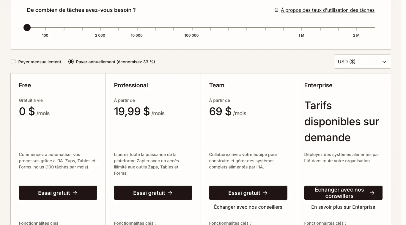 Page tarifs Zapier avec l'option Payer annuellement (économisez 33 %) cochée et les plans Free, Professional et Team