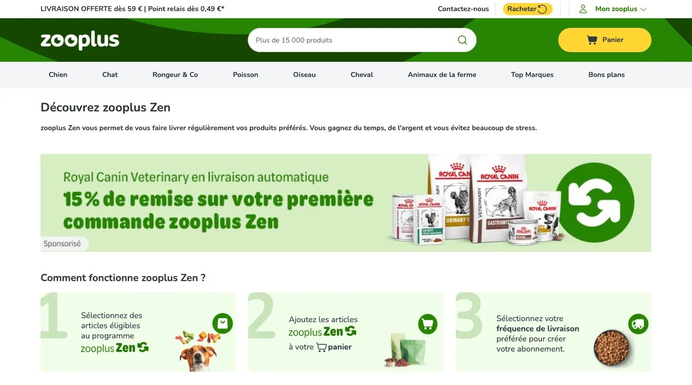 Page zooplus Zen avec la bannière 15 % de remise sur la première commande Royal Canin en livraison automatique
