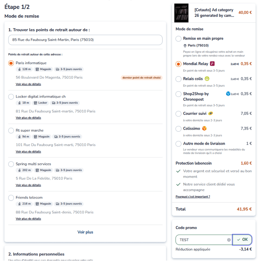 Capture du centre d'aide Leboncoin : un code promo appliqué à l'étape Mode de remise réduit la livraison Mondial Relay de 3,49 € à 0,35 €