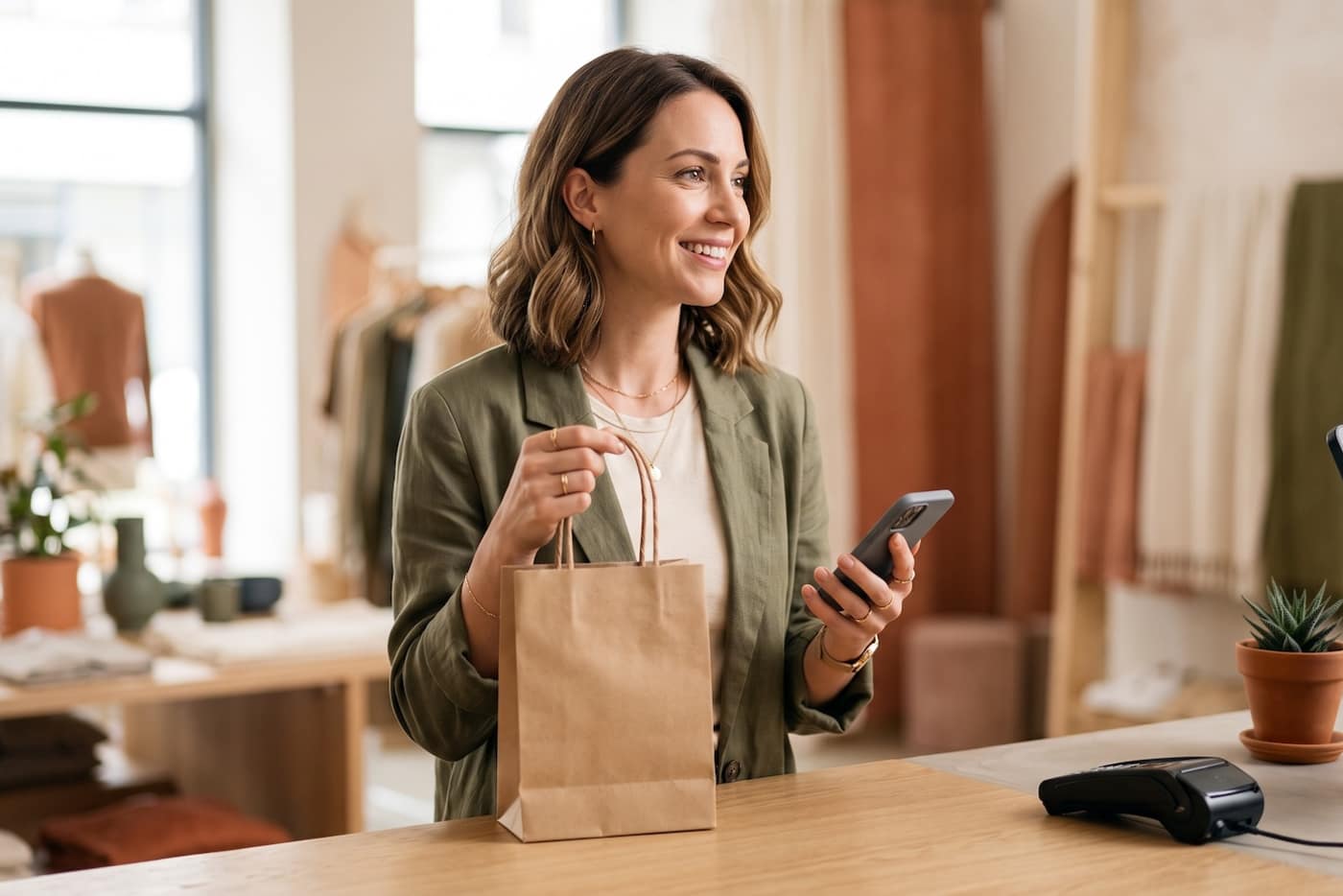 Une cliente souriante à la caisse d'une boutique de vêtements, un sac en papier dans une main et son smartphone dans l'autre