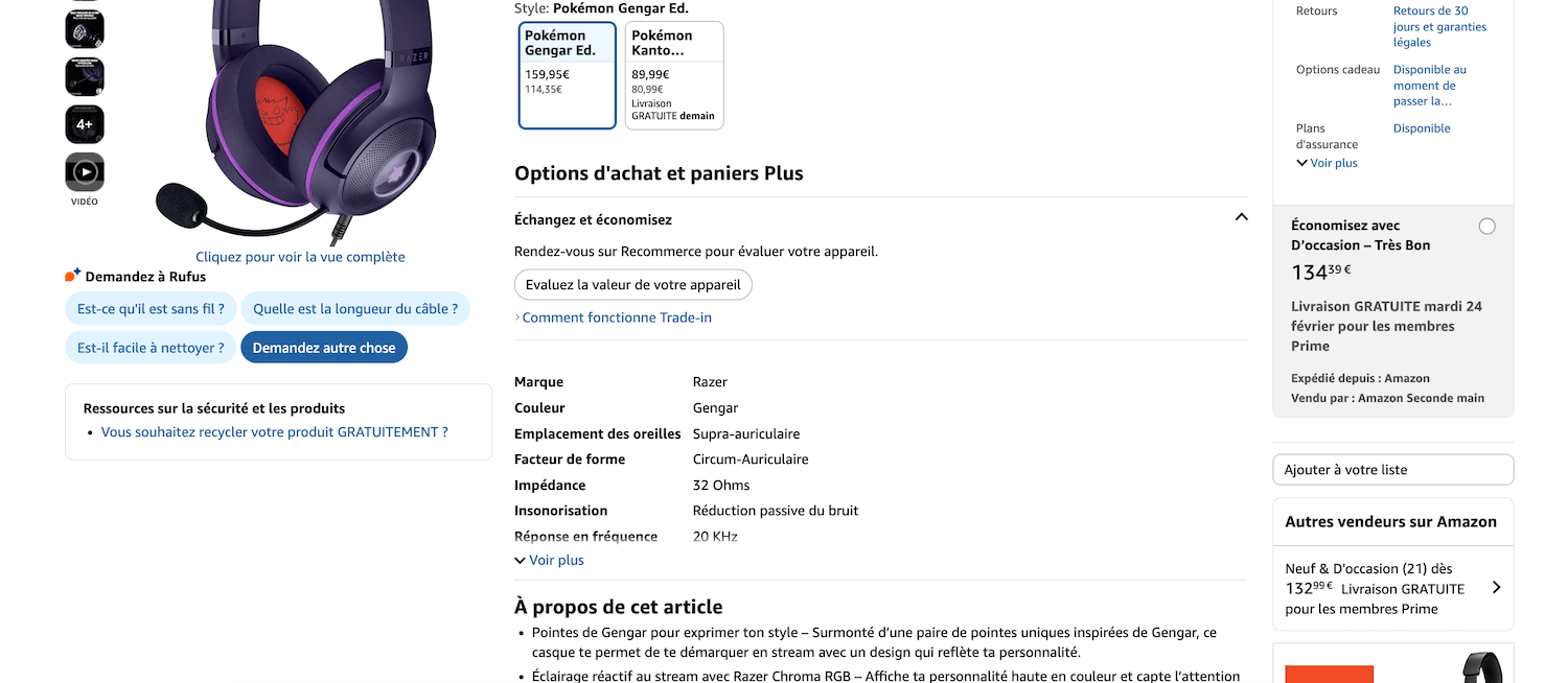 Fiche produit Amazon Seconde main avec le détail des états et les prix correspondants