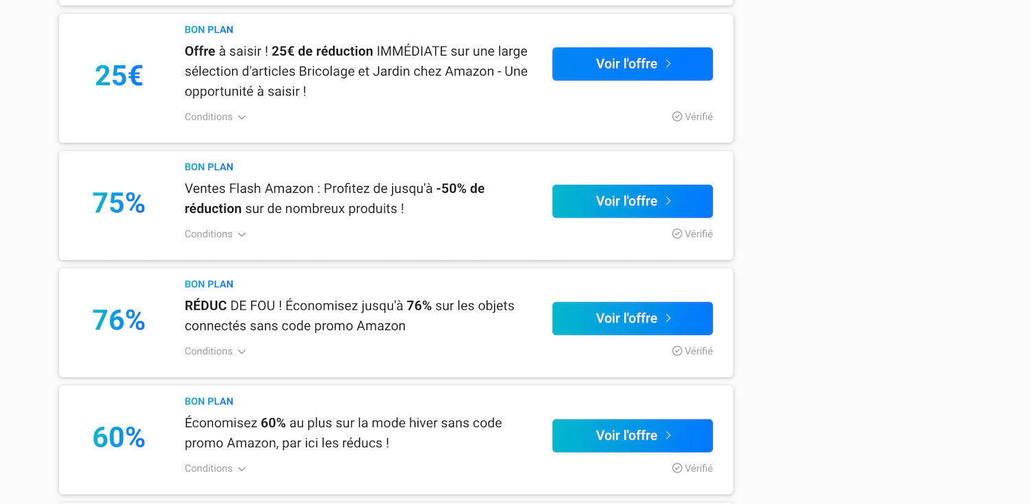 Capture d'écran d'un site de coupons affichant un code Amazon périmé sans date de validité