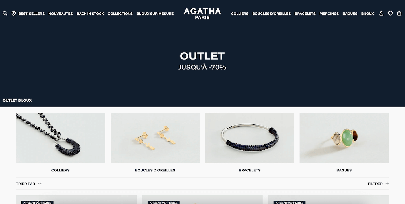 Capture d'écran de la page Outlet sur le site Agatha