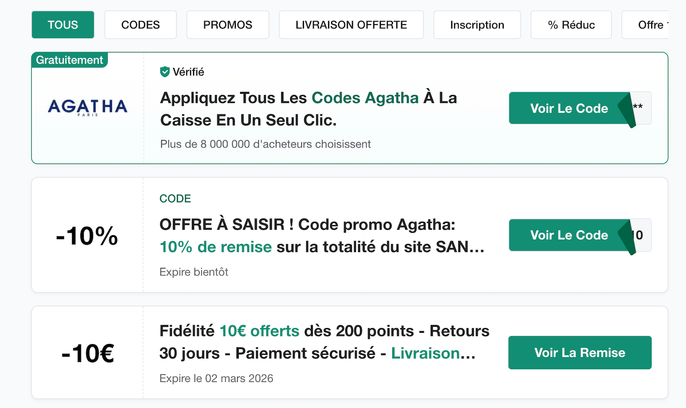 Capture d'écran d'un site de coupons affichant des codes promo Agatha expirés