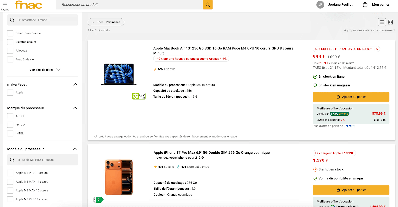 Capture d'écran des offres Apple sur fnac.com