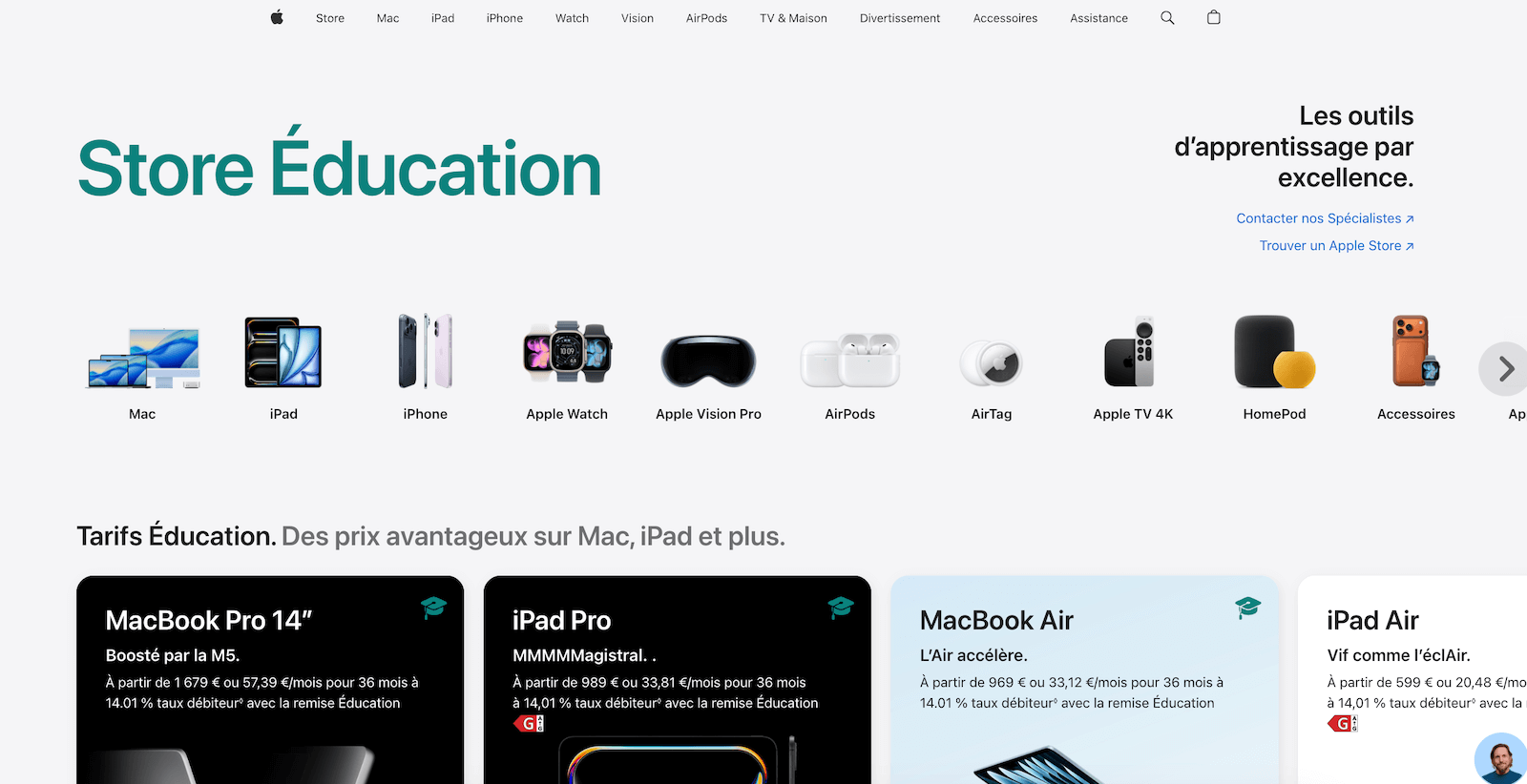 Capture d'écran du Store Éducation Apple France avec les tarifs réduits