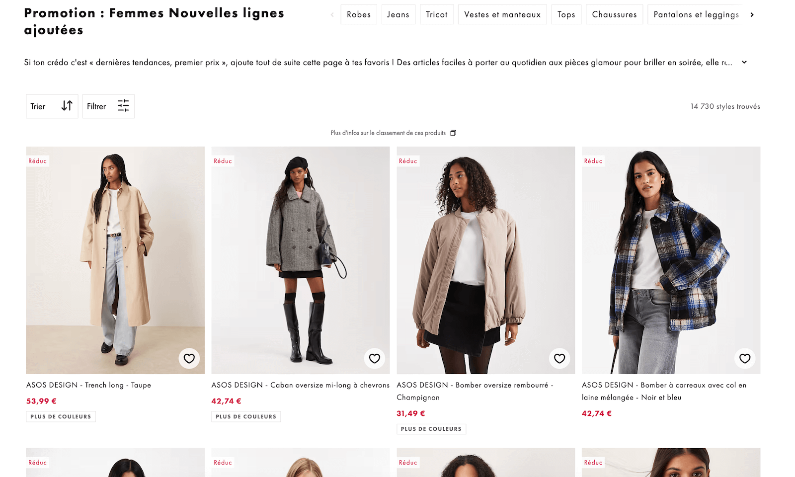 Capture d'écran de la page Outlet ASOS avec des articles à prix réduits jusqu'à -70 %