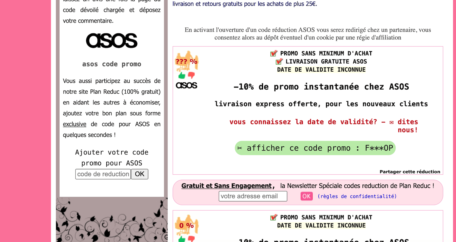 Capture d'écran d'un site de coupons affichant des codes promo ASOS expirés ou non fonctionnels