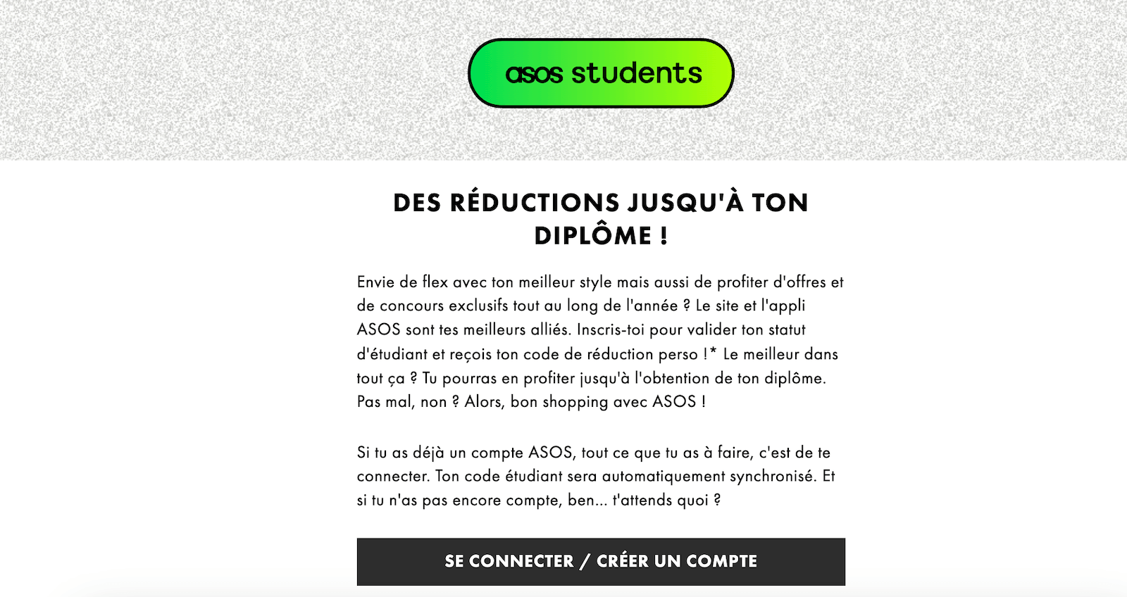 Capture d'écran de la page de validation étudiant ASOS via UNiDAYS et Student Beans