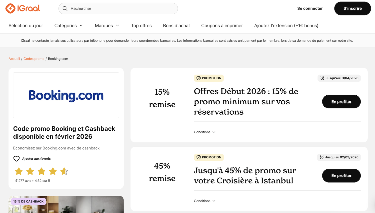 Capture d'écran de la page iGraal pour Booking.com montrant le taux de cashback