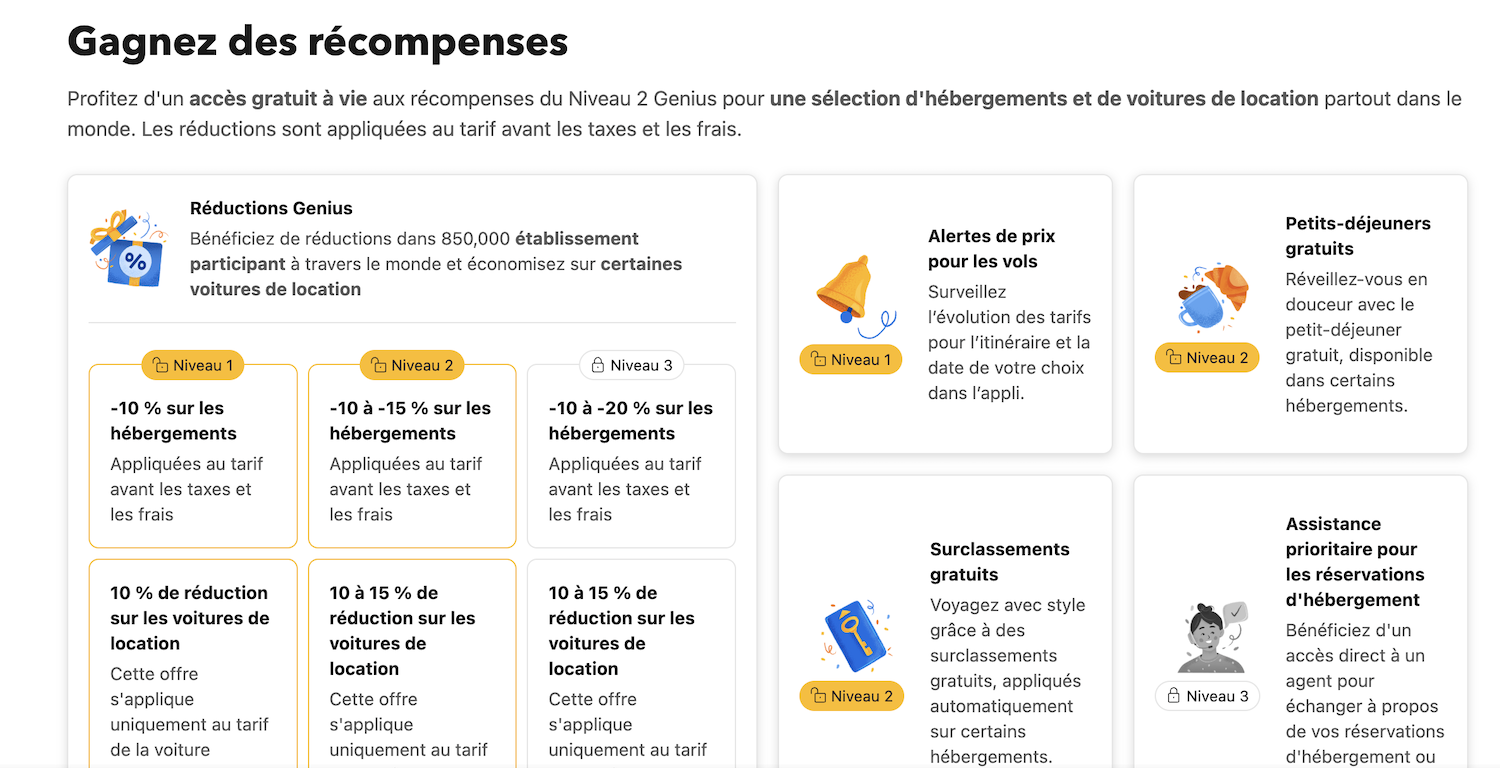 Capture d'écran de la page Genius de Booking.com montrant les trois niveaux et leurs avantages