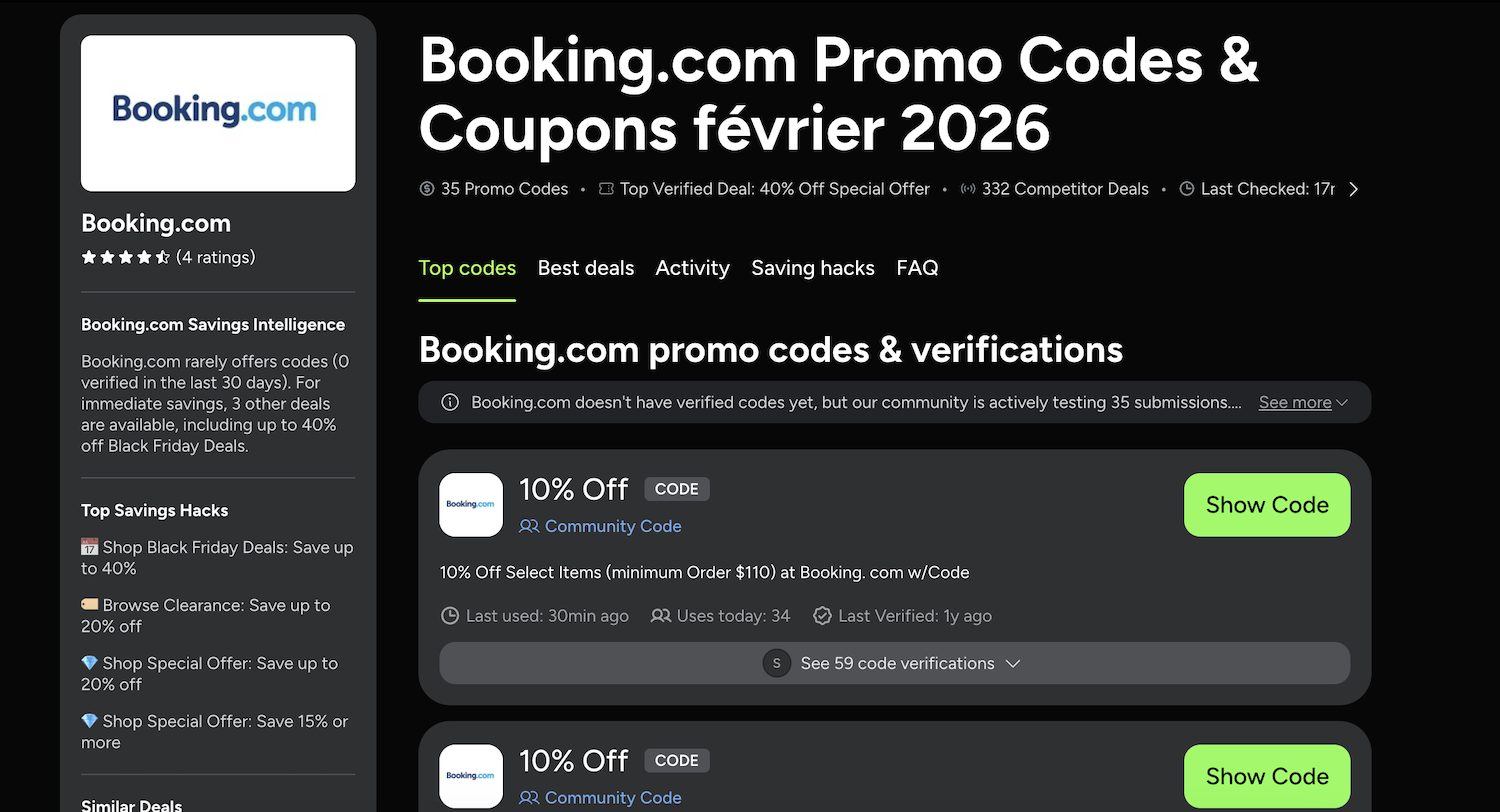 Capture d'écran d'un site de coupons affichant des dizaines de codes promo Booking non fonctionnels