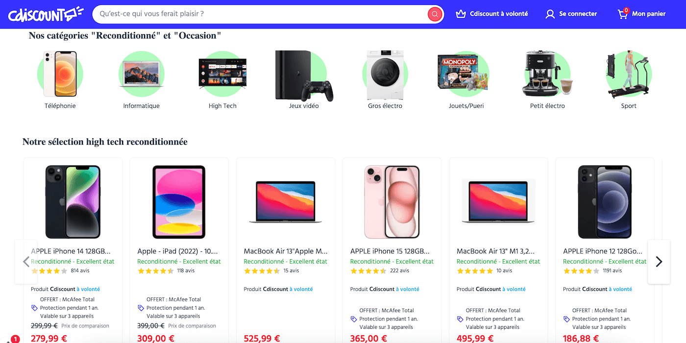 Capture d'écran de la page produits reconditionnés Cdiscount
