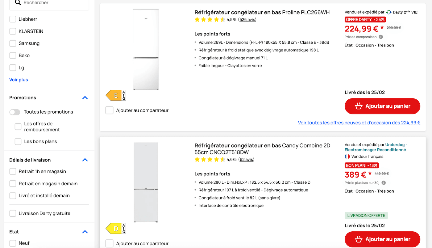 Page Darty Seconde Vie avec les niveaux d'état des produits reconditionnés