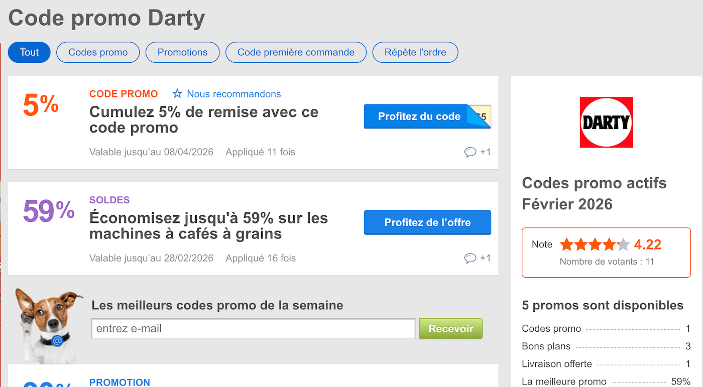 Site de coupons affichant des codes promo Darty expirés