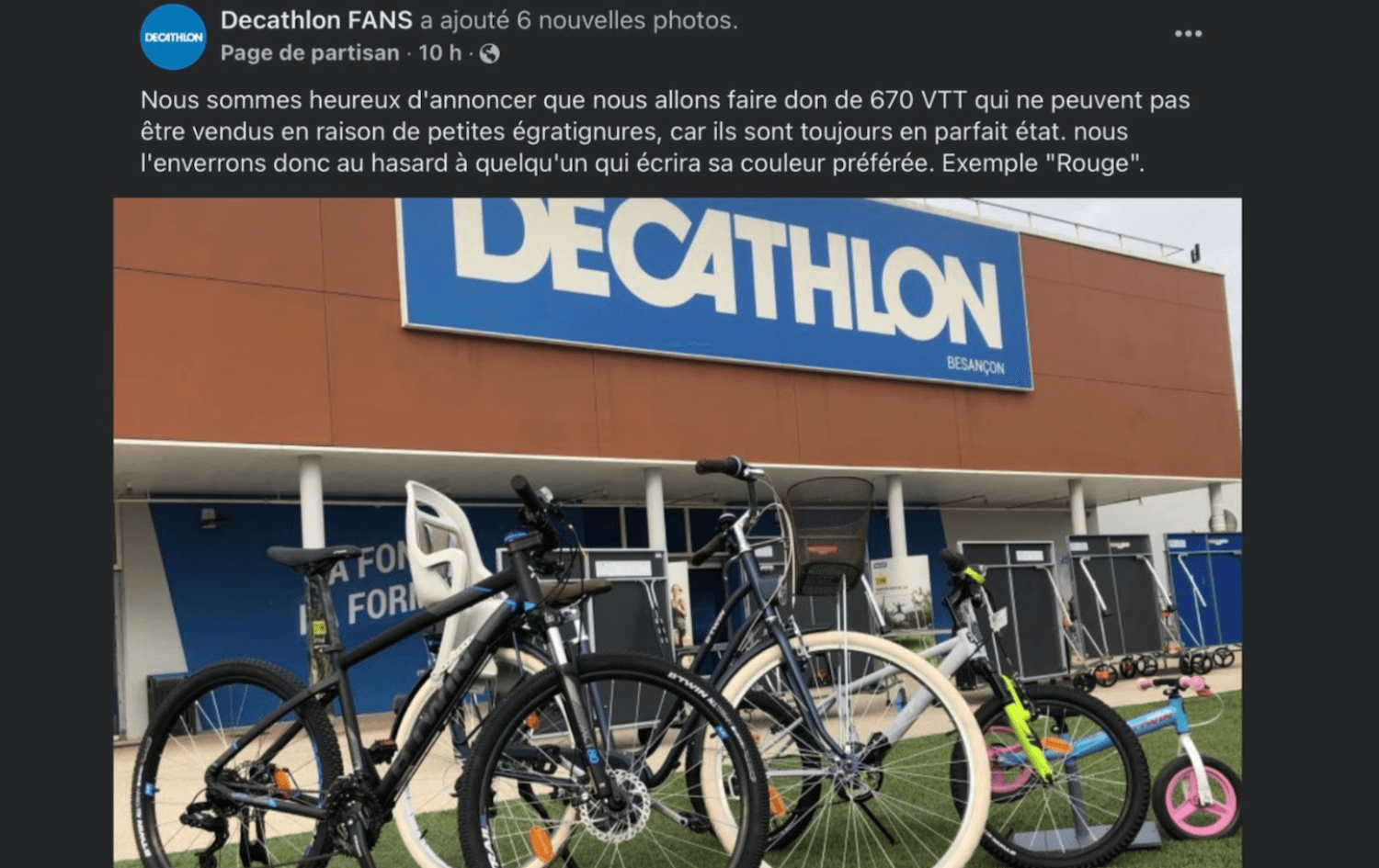 Capture d'écran d'une arnaque au faux bon d'achat Decathlon sur Facebook promettant 1000 euros de carte cadeau