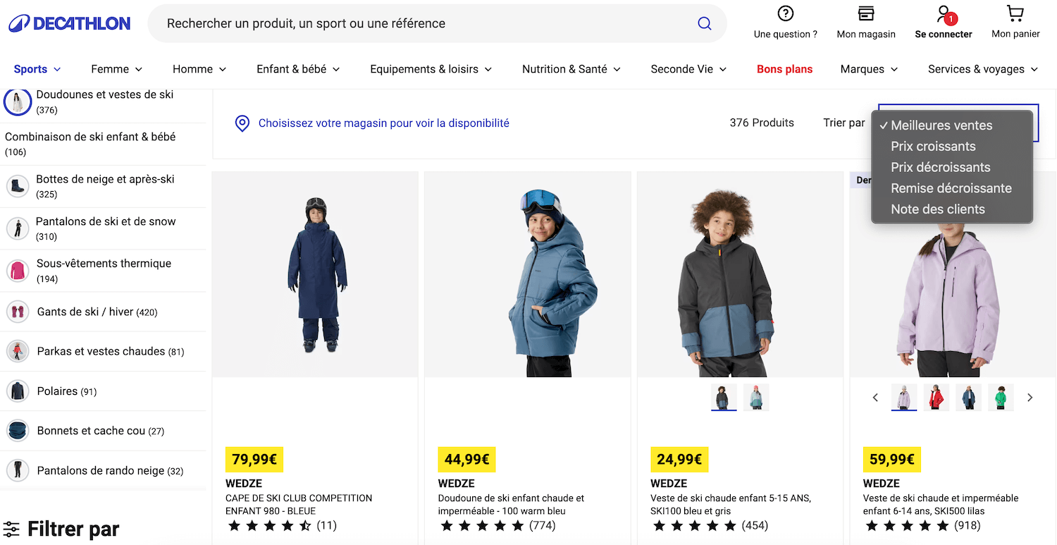 Capture d'écran de la page Decathlon avec les filtres fins de série et remise décroissante