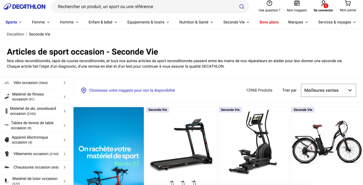 Capture d'écran de la page Seconde Vie de Decathlon avec des produits reconditionnés et d'occasion