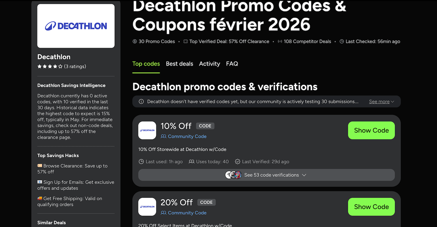 Capture d'écran d'un site de coupons affichant des codes promo Decathlon non fonctionnels