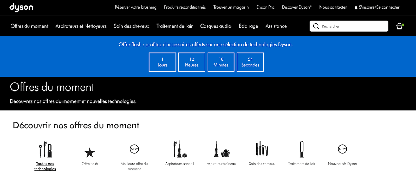 Capture d'écran de la page Offres et Soldes sur Dyson.fr