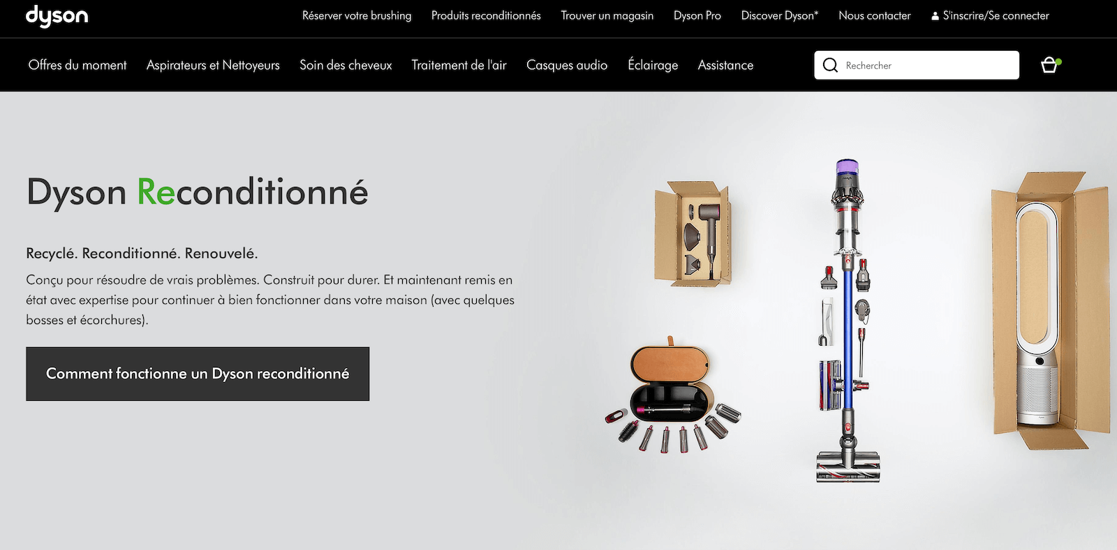 Capture d'écran de la page Dyson Reconditionné sur Dyson.fr