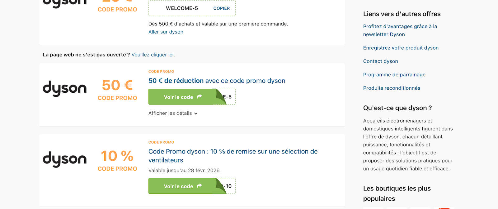 Capture d'écran d'un site de coupons affichant des codes promo Dyson expirés ou non fonctionnels