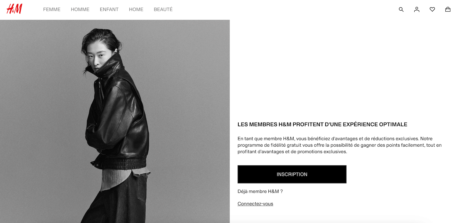 Capture d'écran de la page officielle du programme H&M Member en France