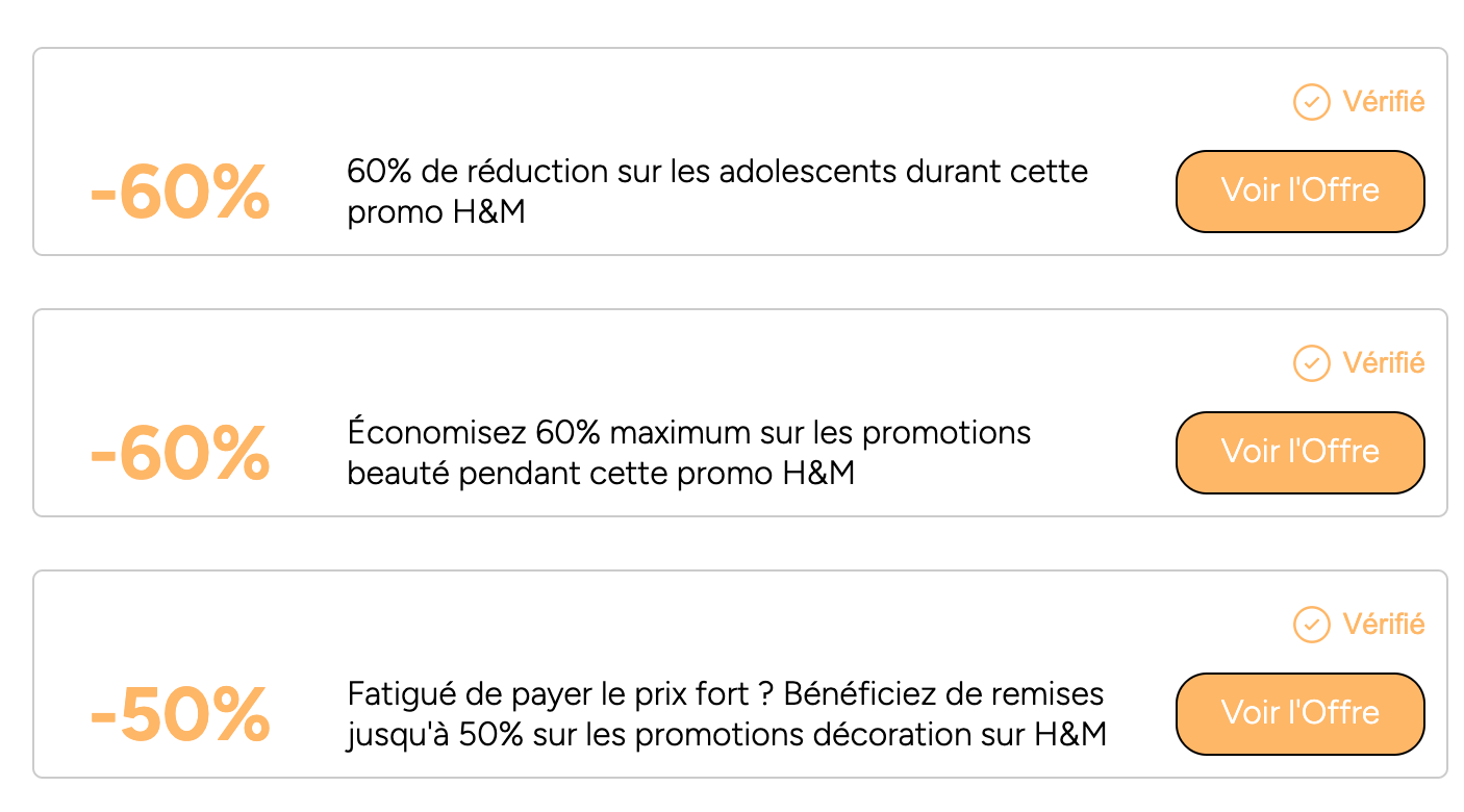 Capture d'écran d'un site de coupons affichant des codes promo H&M périmés ou conditionnés