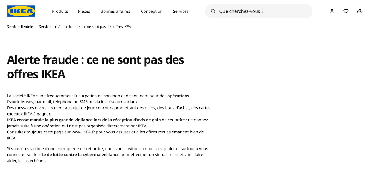 Page officielle Alerte fraude IKEA France qui dément les faux bons et fausses offres circulant en ligne