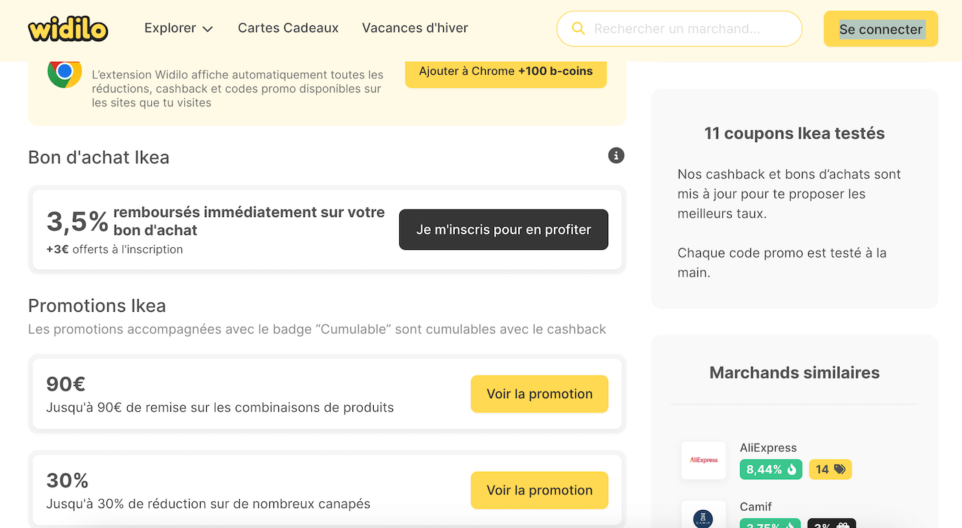 Page cashback Widilo sur les cartes cadeaux IKEA avec taux et conditions