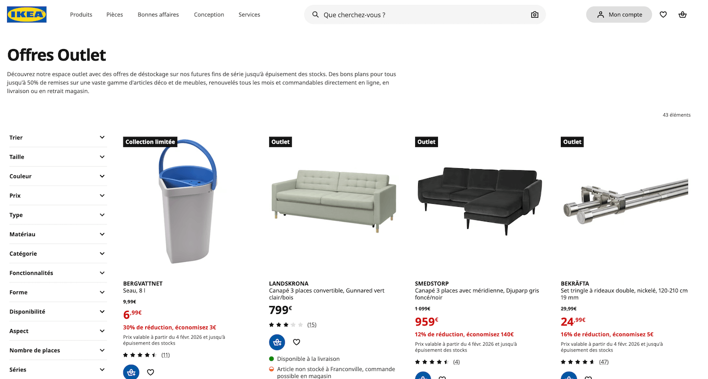Page Outlet Dernière chance IKEA avec exemples de produits en fin de série à prix réduit