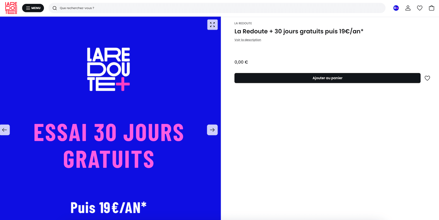 Page La Redoute+ présentant les avantages de l'abonnement annuel à 19 euros