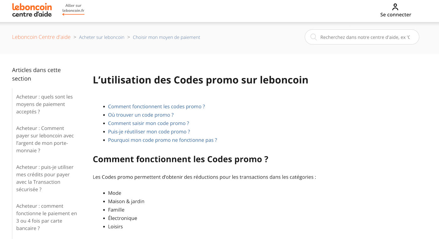 Capture d'écran du centre d'aide Leboncoin expliquant le fonctionnement des codes promo